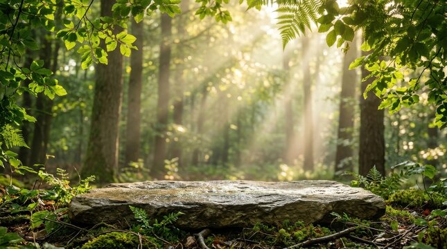 Sunbeams illuminate a moss-covered stone pedestal in a lush, green forest, creating a magical and serene atmosphere.
