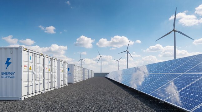 Advanced energy storage containers integrated with solar panels and wind farms, symbolizing the future of clean and sustainable electricity infrastructure