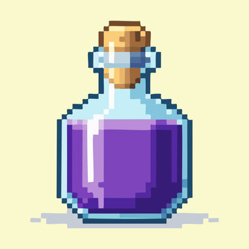 Round purple potion bottle pixel art for alchemist workshop theme and fantasy game inventory item for magical spell and health restoration design