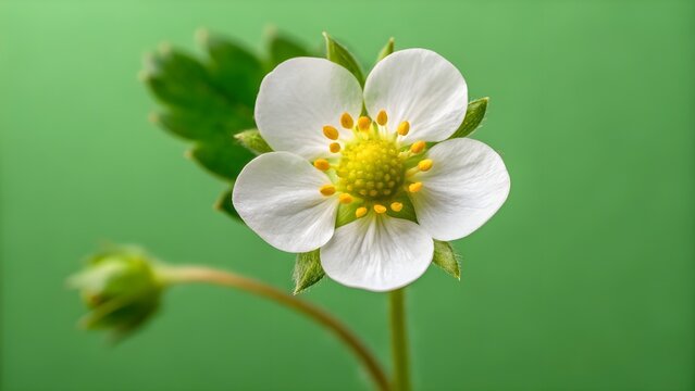 Strawberry Blossom Centered On Moss Green Background, Small White Flower Symbolizing Growth, Spring, And Natural Simplicity With Vibrant Organic Contrast
