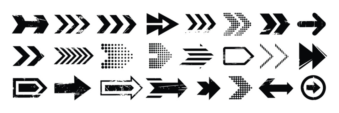 Arrow Icon Collection with Grunge Texture, Retro Directional Arrow Buttons Isolated on White Background Vector Illustration