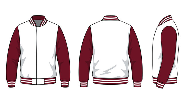 Maroon and white varsity jacket template with front back and side views