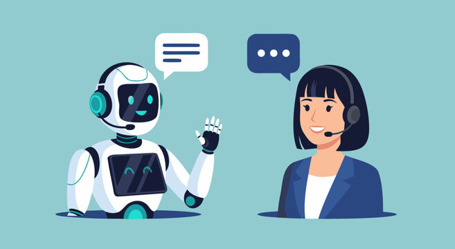 Futuristic AI chatbot and human customer service representative illustration in vector art, depicting advanced technology and communication