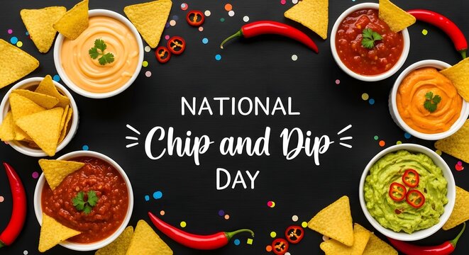 National chip and dip day celebration with various bowls of salsa, guacamole, cheese dip, and tortilla chips on a black wooden background