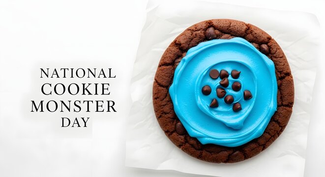 Top view of a chocolate cookie with blue frosting and chocolate chips isolated on white background
