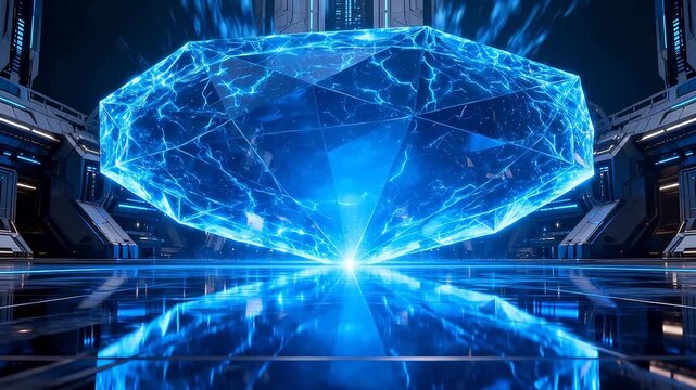 Giant blue glowing crystal with electric texture on floor in modern sci-fi space