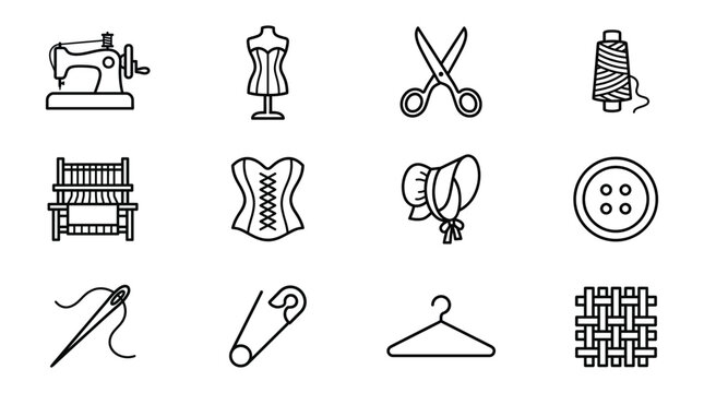 Set of sewing and tailoring icons, including sewing machine, mannequin, scissors, thread, loom, corset, bonnet, button, needle, safety pin, hanger, and fabric texture