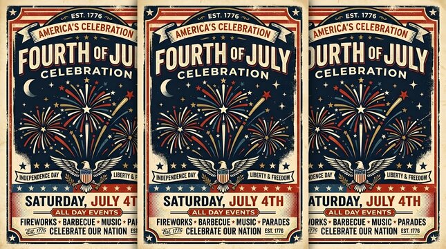 Vintage Fourth of July celebration poster with fireworks and eagle during nighttime with text announcements