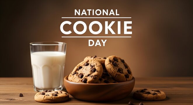 National cookie day with chocolate chip cookies and a glass of milk on a wooden table