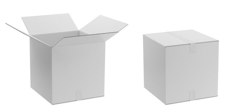 Clay render of open and closed cardboard box  isolated on white background - 3d illustration
