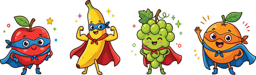 Cute superhero fruit character collection vector illustration with apple, banana, grape, and orange mascots in comic costume design © Sumon Creative