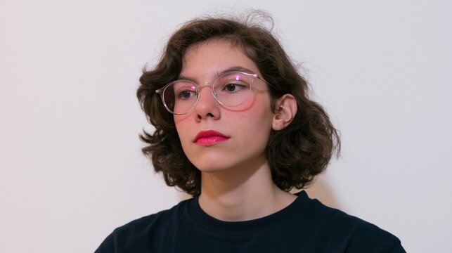 Self-expression of the trans model. Zoomer. Contemplating transwoman with vivid lipstick and fashionable makeup