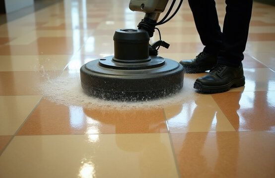 Man cleans tiled floor with polishing machine. Pro cleaner uses buffing equipment for shiny surface. Maintenance work ensures spotless clean indoor space.