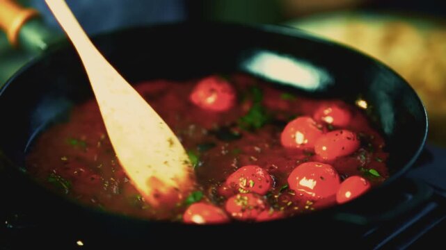 Stirring Fresh Tomato Sauce in Frying Pan. Preparing Mediterranean Dish with Cherry Tomatoes and Herbs. Italian Meal