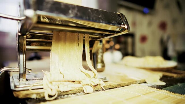 Pasta Machine Making Fresh Fettuccine Noodles. Kitchen Equipment Cutting Raw Dough into Long Strips