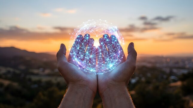 Hands holding glowing network globe with cityscape background at sunset