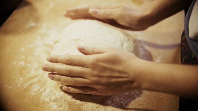Kneading Raw Yeast Dough on Wooden Table. Preparing Homemade Bread or Pizza 