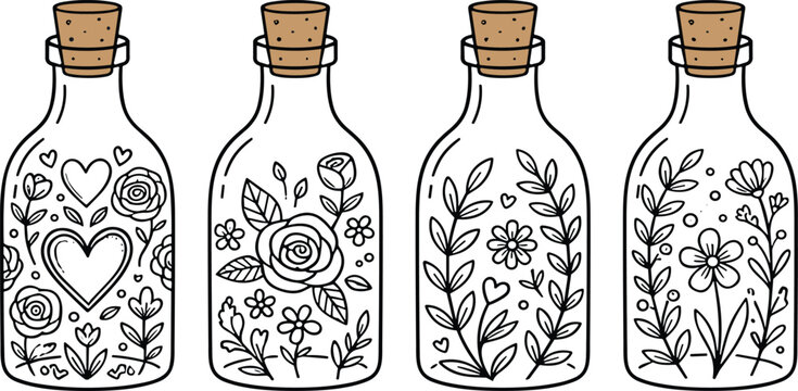 Floral bottle coloring page vector illustration with decorative flowers, hearts, and botanical doodle glass jars