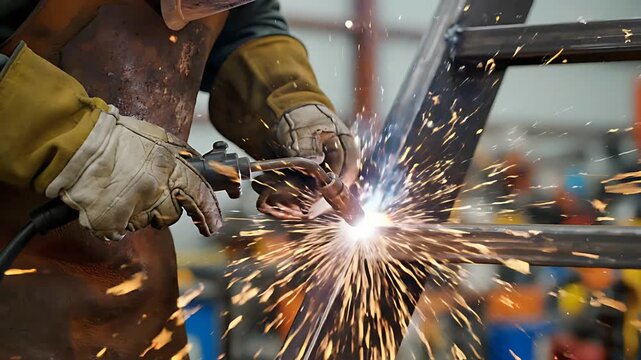 Professional welder joining metal with bright sparks in a factory. Skilled worker in protective gear performing precision MIG welding. Industrial manufacturing concept for engineering marketing.