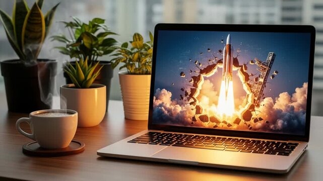 Laptop displaying a rocket launch on a desk with plants and coffee