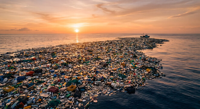 Massive Floating Plastic Garbage Patch in the Ocean at Sunset - Environmental Disaster Concept