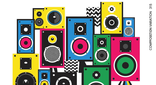 Colorful Retro Speakers Stacked Composition
