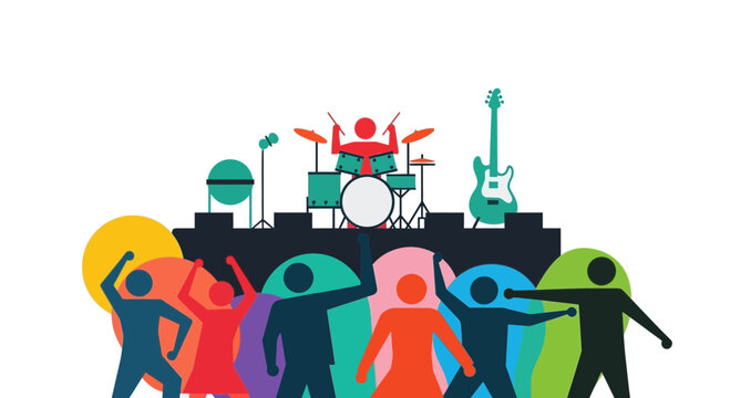 Colorful People Dancing at Music Concert with Band