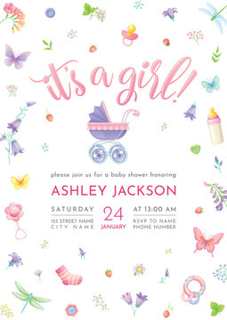 Cute girl baby shower invitation with a stroller, flowers and butterflies. Vector template on white background.