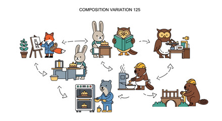 Cute Animals Working Together: Baking, Painting, Reading, Building © fardo