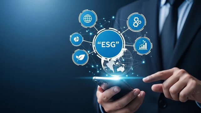 Person holding a smartphone displaying ESG and a map