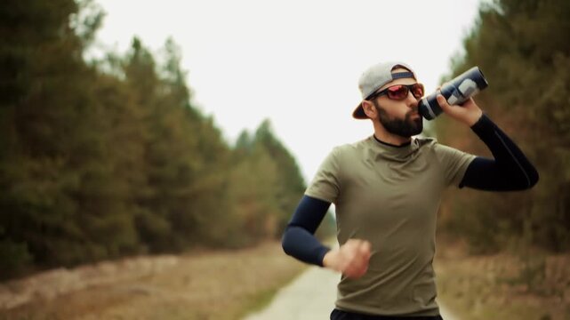 Runner Drinking Water from Sport Bottle  During Training Workout in Forest. Athlete Quenching Thirst