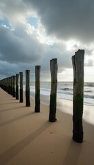 Fototapeta premium Weathered wooden posts stand in a line on a sandy beach leading into the ocean. The cloudy sky casts long shadows from the upright poles onto the wet sand near the gentle waves.