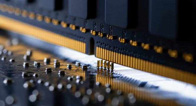 Macro view of RAM memory modules with gold contacts on a motherboard. Detailed shot of electronic hardware and high-speed digital circuitry. Technology upgrade concept for IT services and marketing.