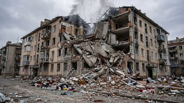 A devastated building lies in ruins with rubble scattered around it under a gloomy sky in a war-torn cityscape with destruction, chaos, debris, buildings, and disaster.