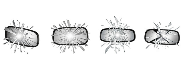 Obraz premium Set of broken car side mirrors with shattered glass isolated on black