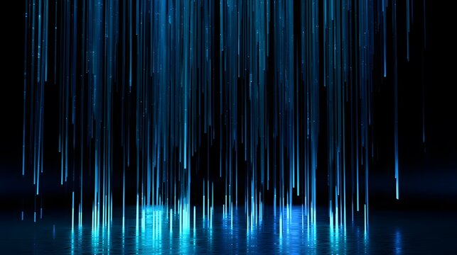 Futuristic data streams illuminate a sleek industrial space with cool blue neon light reflections