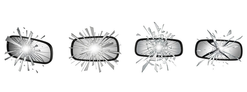 Set of broken car side mirrors with shattered glass isolated on black