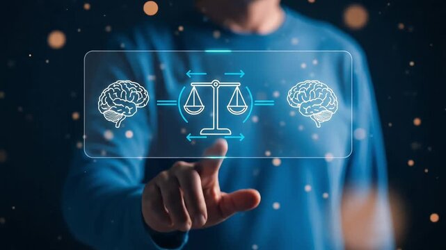 Person touching digital screen displaying scales of justice between two brain