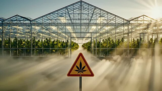 Cannabis warning sign in front of a high-tech greenhouse. Industrial marijuana cultivation facility with mist and sunrays. Legal medical production concept for pharmaceutical agriculture marketing.