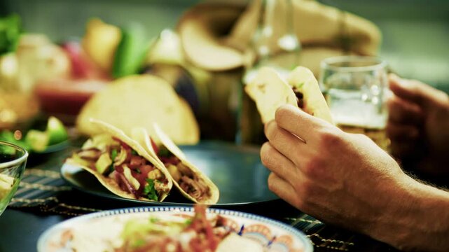 Person Holding Mexican Tacos with Meat and Vegetables. Spicy Latin American Cuisine. Snack and Appetizer for Social Gathering
