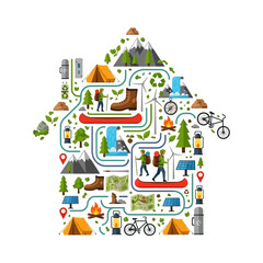 Fototapeta premium Eco-friendly House Shape with Outdoor Adventure Icons