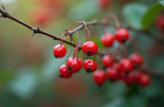 Close up of bright red berries on thorny vine branch. Glossy fruits hang in clusters with blurred green foliage background. Ripe natural plant detail in autumn forest.