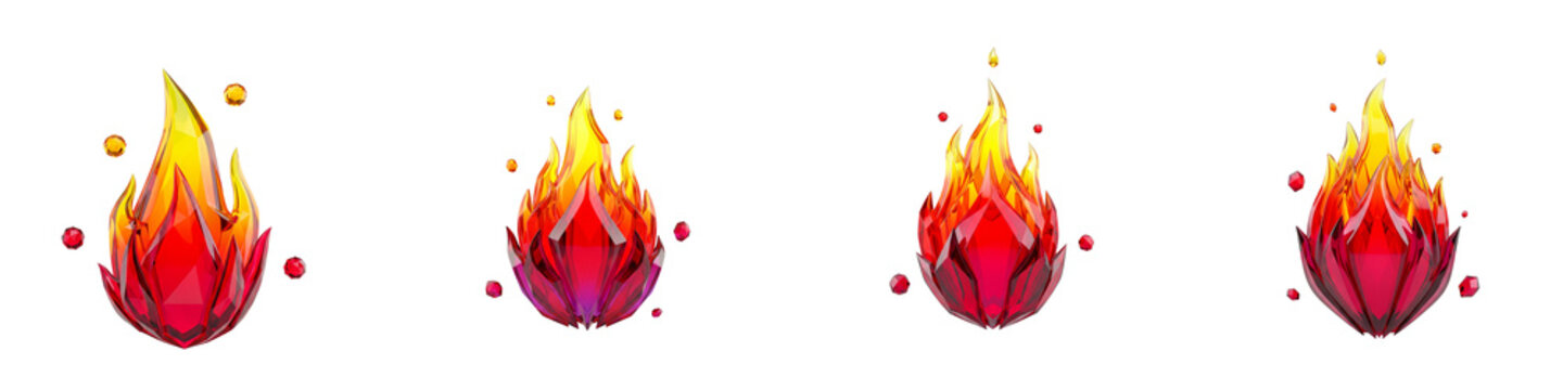 Set of faceted low poly crystal fire icons isolated on black background