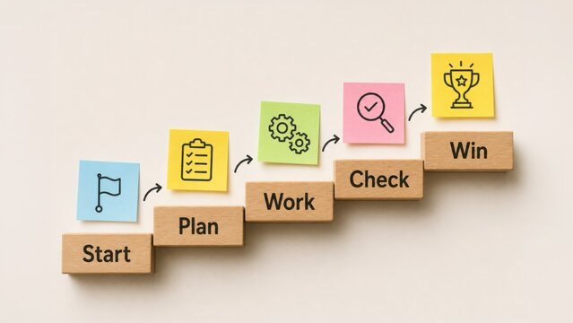 A business concept showing steps to success. Wooden blocks and sticky notes illustrate a process: Start, Plan, Work, Check, Win.