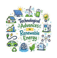 Naklejka premium Technological Advances in Renewable Energy. Hand drawn illustration of Technological Advances in Renewable Energy. solar panel, wind turbine, electric battery, eco light bulb, charging station, smart