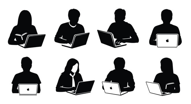 people using laptops silhouette set on white background