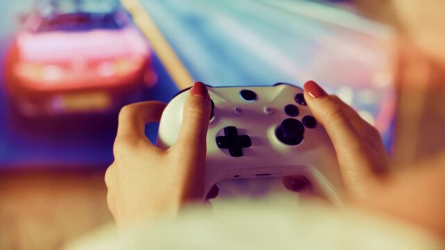 Gamer Holding Controller Playing Racing Video Game. Home Recreation. Interactive Virtual Reality Simulator