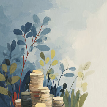 Oil painting of stacked coins / 積み重なったコインの油彩イラスト