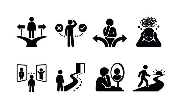 Life decision regret. Filled icon set of Life decision regret: crossroads, wrong choice, hesitation, overthinking, comparison, lost chance, introspection, moving forward. Solid icons set. All icons in