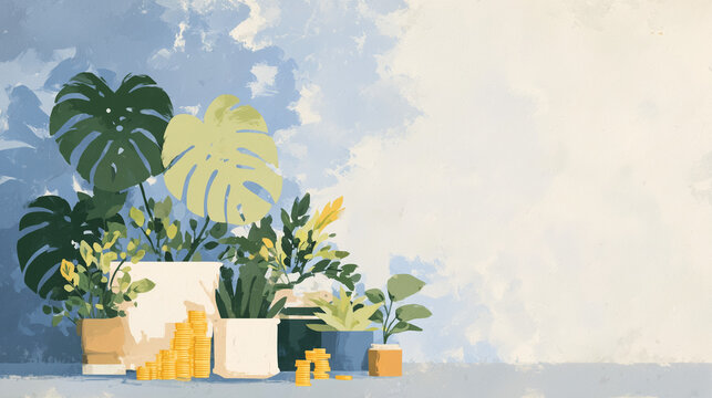 Oil painting of stacked coins / 積み重なったコインの油彩イラスト